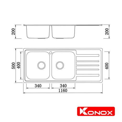 CHẬU RỬA BÁT KONOX Artusi KS11650 1D BÀN PHẢI