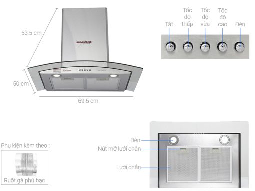 MÁY HÚT MÙI KÍNH CONG CAO CẤP SUNHOUSE SHB6629 70C