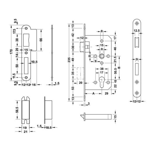 Thân Khóa Lưỡi Gà Chốt Chết 55/72, 316, Màu Inox Mờ Hafele 911.25.402 - 5