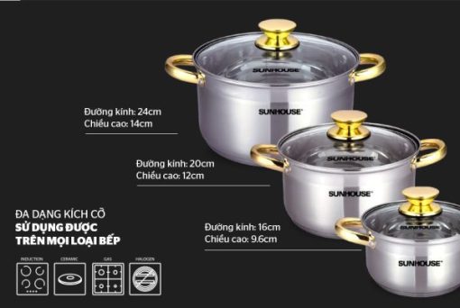 Bộ 3 Nồi Inox 5 Đáy Từ Vung Kính Sunhouse SH781 (16cm, 20cm, 24cm) - 13
