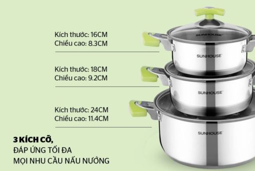 BỘ NỒI INOX 3 ĐÁY SUNHOUSE SH336 - 3