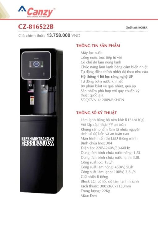 Máy lọc nước Canzy CZ 816S22B
