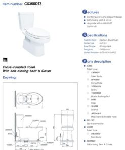 Bồn cầu 2 khối TOTO CS350DT3 – Nắp đóng êm - 6 Bồn cầu 2 khối TOTO CS350DT3 – Nắp đóng êm - 5