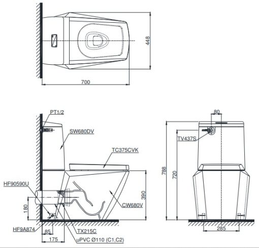 Bồn cầu 2 khối thoát ngang TOTO CS680PDT4 - 3