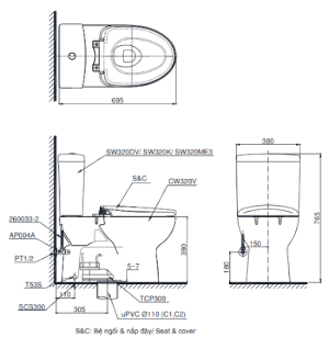 Bồn cầu 2 khối TOTO CS320DMMT8, nắp đóng êm - 5