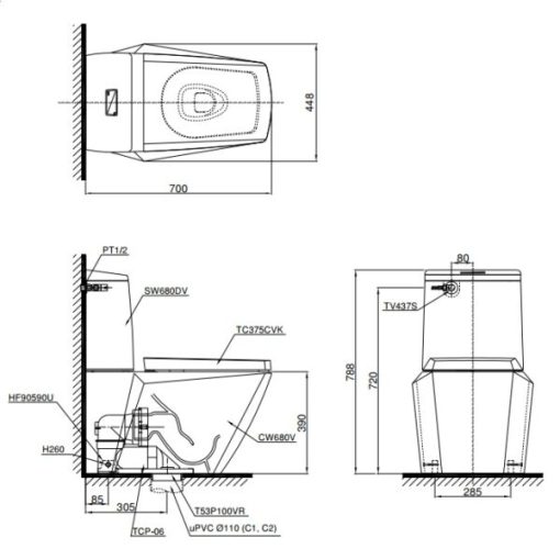 Bồn cầu 2 khối TOTO CS680DT4 - 3
