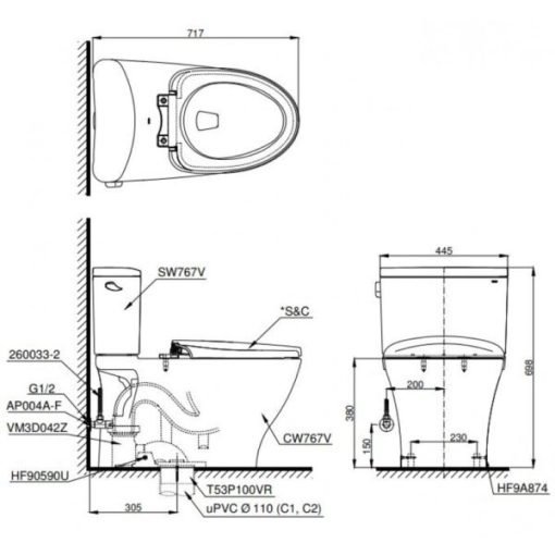 Bồn cầu 2 khối TOTO CS767T8, nắp đóng êm - 3