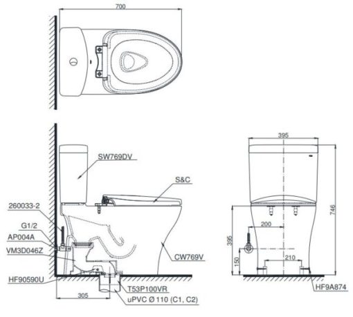 Bồn cầu 2 khối TOTO CS769DT8, nắp đóng êm - 3