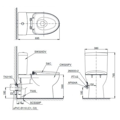 Bồn cầu 2 khối TOTO CS320PDRT8 – Nắp đóng êm - 3