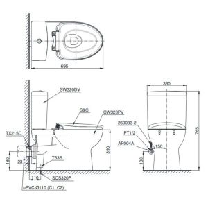 Bồn cầu 2 khối TOTO CS320PDRT3, thoát ngang - 5