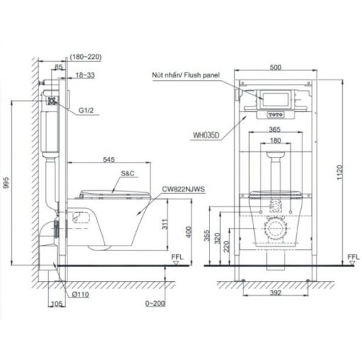 Bồn cầu treo tường TOTO CW822NJWS/WH035D/MB005DNP - 3