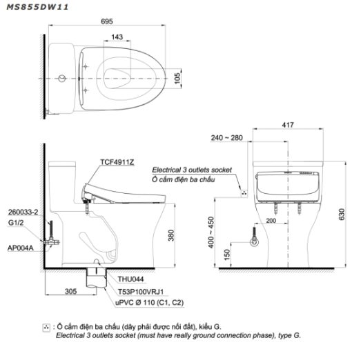 Bồn cầu TOTO MS855DW11 - 3