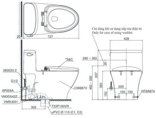 Bàn cầu một khối TOTO MS887CW12 nắp Washlet - 3