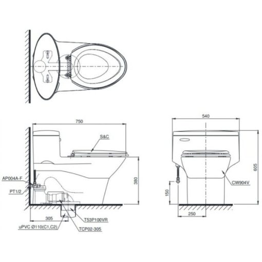 Bồn cầu 1 khối TOTO MS904W6 - 3