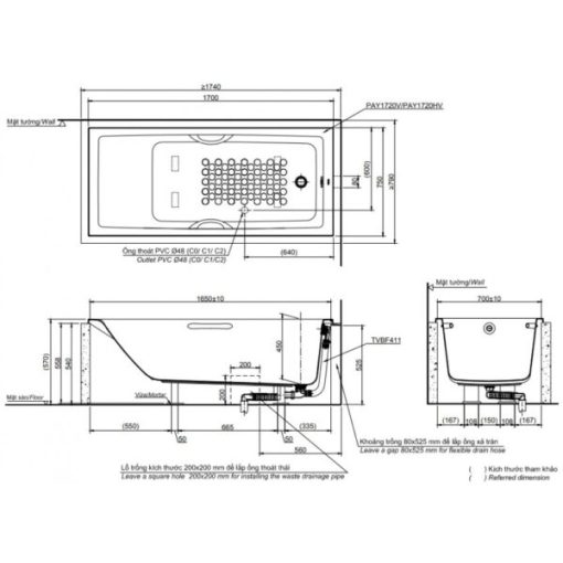 Bồn tắm xây TOTO PAY1720V/TBVF411 - 3