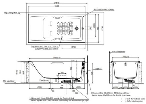 Bồn tắm xây TOTO PAY1520HV#W/TVBF411 - 3