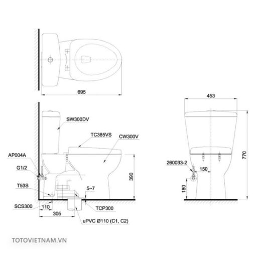 Bồn cầu 2 khối TOTO CS300DRW11 nắp Washlet - 3