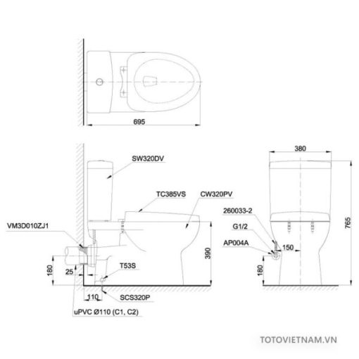 Bồn cầu 2 khối TOTO CS320PDRW6, thoát ngang - 3