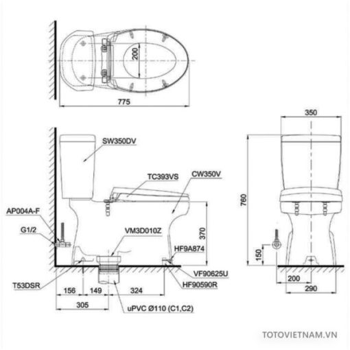Bồn cầu 2 khối TOTO CS350DW4 - 3