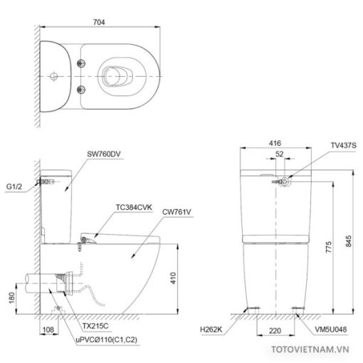 Bồn cầu 2 khối TOTO CS761DW8 - 3