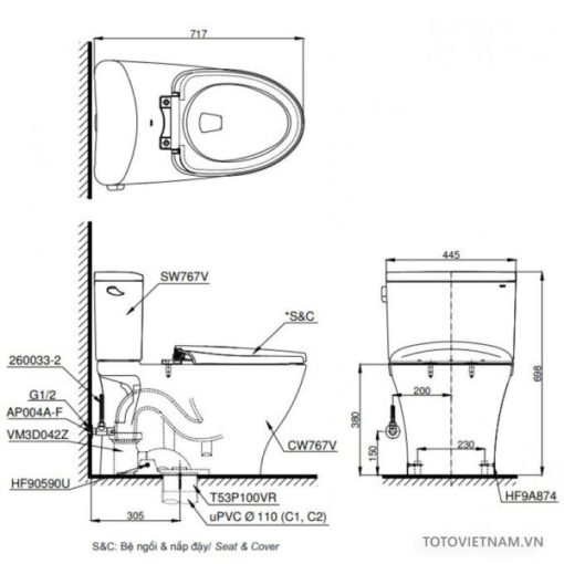 Bồn cầu 2 khối TOTO CS767W6 nắp WASHLET - 3