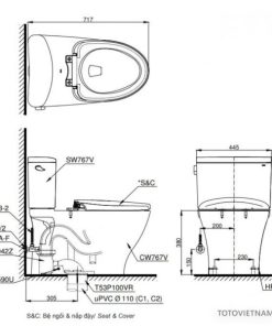 Bồn cầu 2 khối TOTO CS767W4 nắp WASHLET - 7 Bồn cầu 2 khối TOTO CS767W4 nắp WASHLET - 6