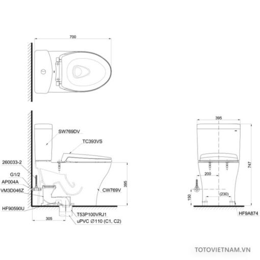 Bồn cầu 2 khối TOTO CS769DE2 - 3