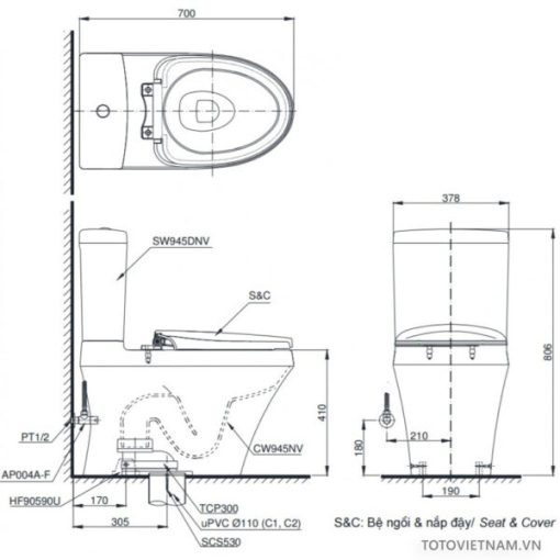 Bồn cầu 2 khối TOTO CS945DNE2 - 3