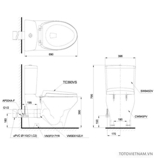 Bồn cầu 2 khối TOTO CS945PDE2, thoát ngang - 3