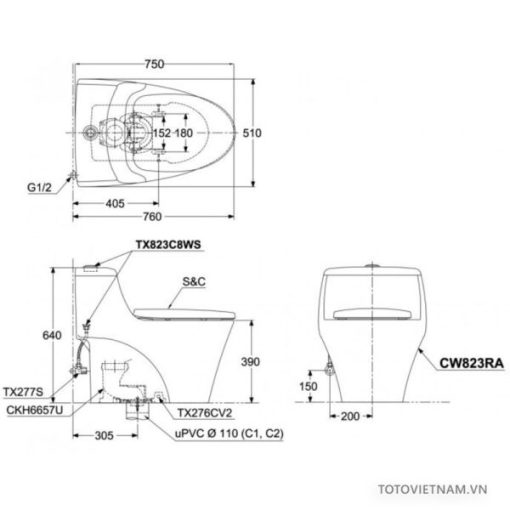 Bồn cầu 1 khối TOTO MS823RAT3 - 3