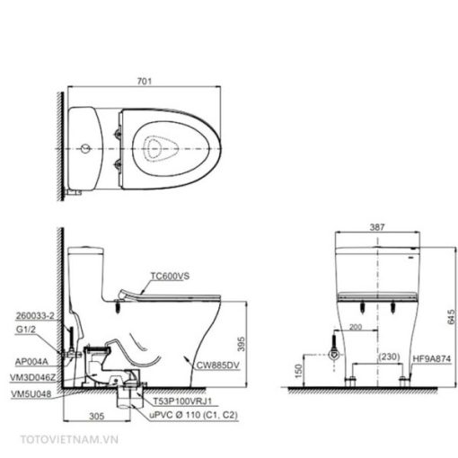 Bồn cầu 1 khối TOTO MS885DT3, nắp đóng êm - 3