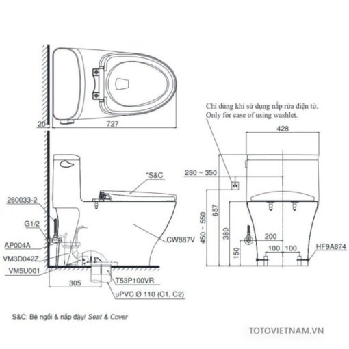 Bồn cầu TOTO MS887RT8 – 1 khối, nắp êm - 3