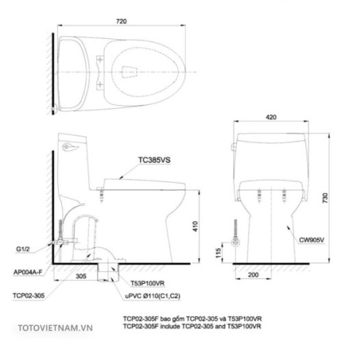 Bồn cầu 1 khối TOTO MS905W11 - 3