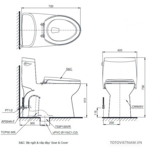 Bồn cầu 1 khối TOTO MS905T8 – Nắp đóng êm - 3