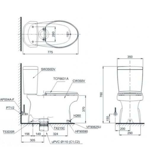 Bồn cầu 2 khối TOTO CS350DW7 - 4
