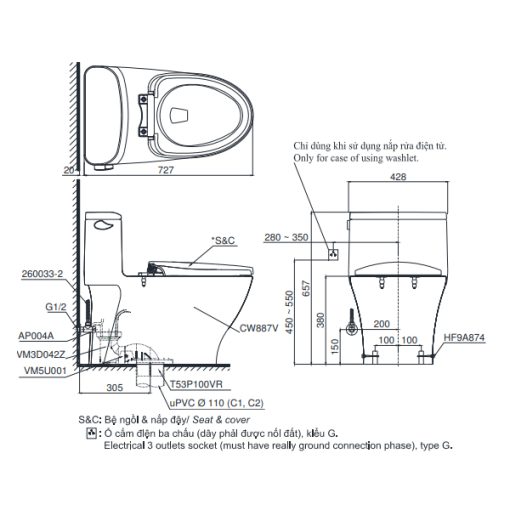 Bồn cầu 1 khối TOTO MS887RW7, nắp điện tử - 3