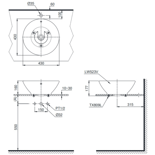 Chậu rửa lavabo đặt bàn TOTO LT523 - 3