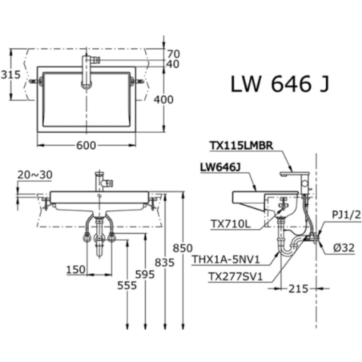 Chậu rửa lavabo bán âm TOTO LW646JW/F - 3