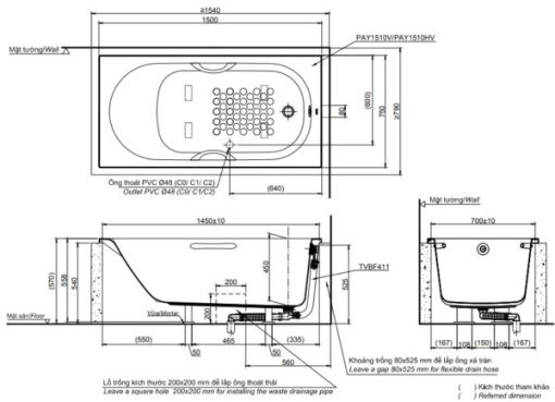 Bồn tắm xây TOTO PAY1510HV#W/TVBF411 - 3