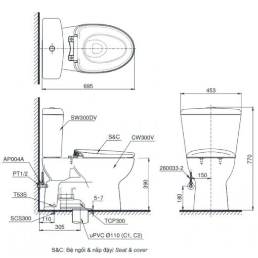 Bồn cầu 2 khối TOTO CS300DRT8, nắp đóng êm - 3