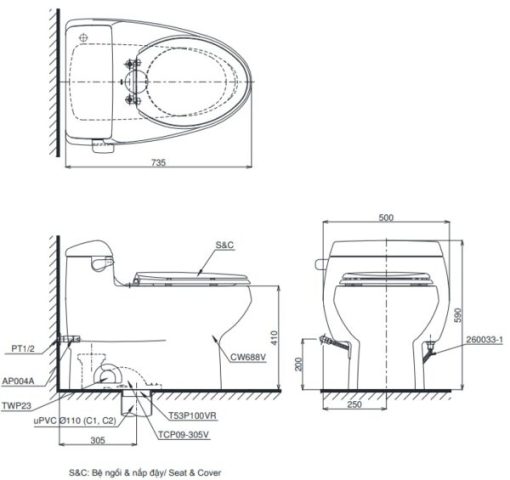 Bồn cầu 1 khối TOTO MS688W6 - 3