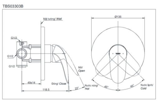Van điều chỉnh nóng lạnh LC TOTO TBS03303B - 3