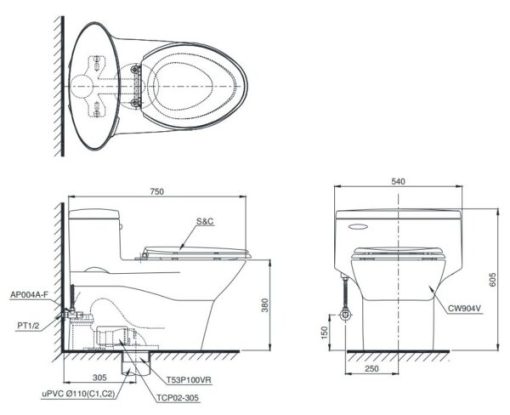 Bồn cầu 1 khối TOTO MS904W7 nắp Washlet - 3