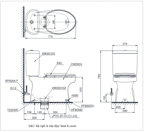 Bồn cầu 2 khối TOTO CS351DE2 - 3