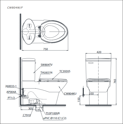 Bồn cầu 2 khối TOTO CW804W/F - 3