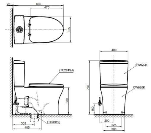 Bồn cầu 2 khối TOTO CW920K - 3
