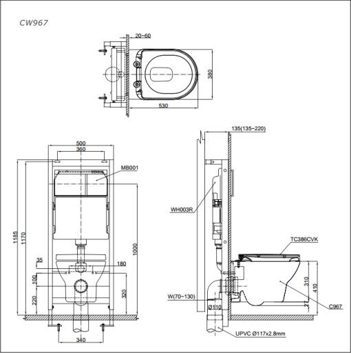 Thân cầu treo tường TOTO CW967 - 3