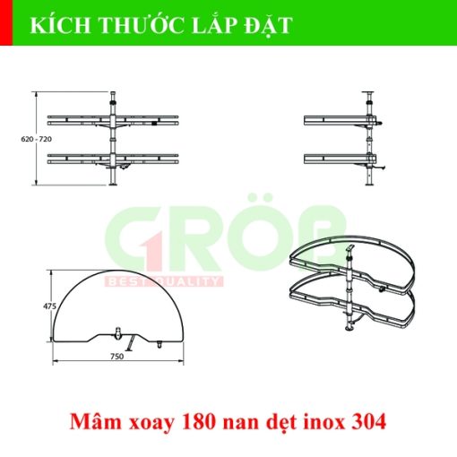 MÂM XOAY 180 INOX SUS304 NAN DẸT ĐÁY MELAMIN Grob - 7