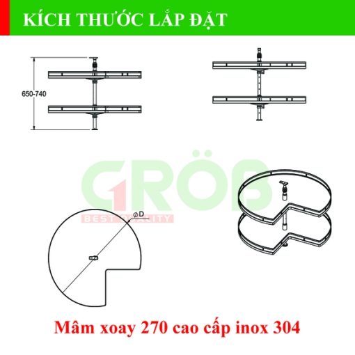 MÂM XOAY 270 INOX SUS304 NAN DẸT ĐÁY MELAMIN Grob - 9