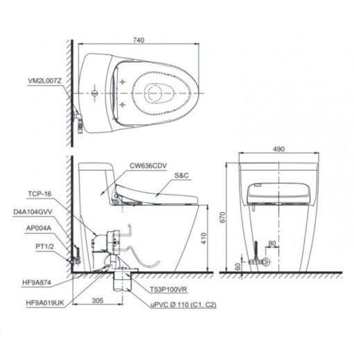 Bồn cầu 1 khối TOTO MS636CDW10 nắp Washlet - 3